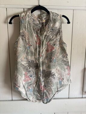 C&C California Sleeveless Tropical Print Button-Up Top - Cream/Green/Pink